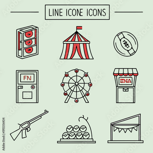 Line of carnival attractions and games on green background line carnival amusement park