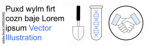 Science, teamwork, agriculture, collaboration, genetic research, innovation. Set handshake, DNA in test tube shovel icon. Collaboration and genetic research illustrated