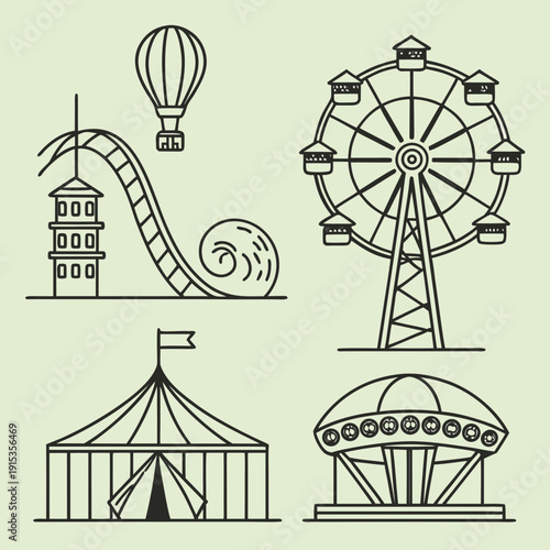 Line of carnival rides and attractions on pale green background line carnival amusement park