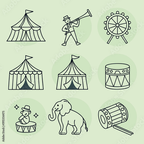 Line of circus including tents elephant and musical instruments line black and white