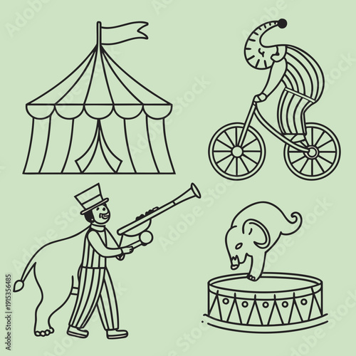 Line of circus scenes with tent elephant and performers clown bicycle