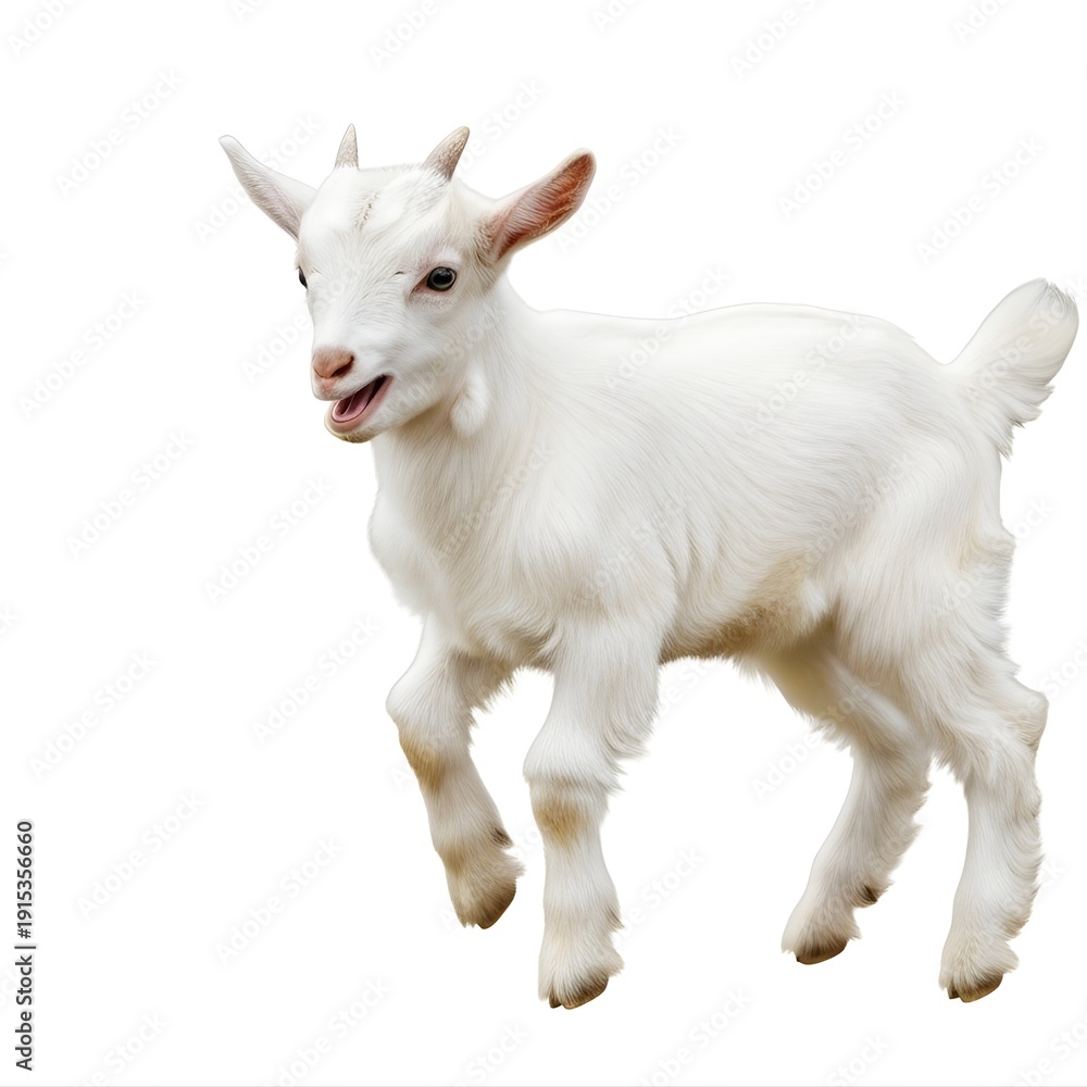Fototapeta premium Baby Goat Kid Jumping Isolated on White Background, Cute Farm Animal, High Detail