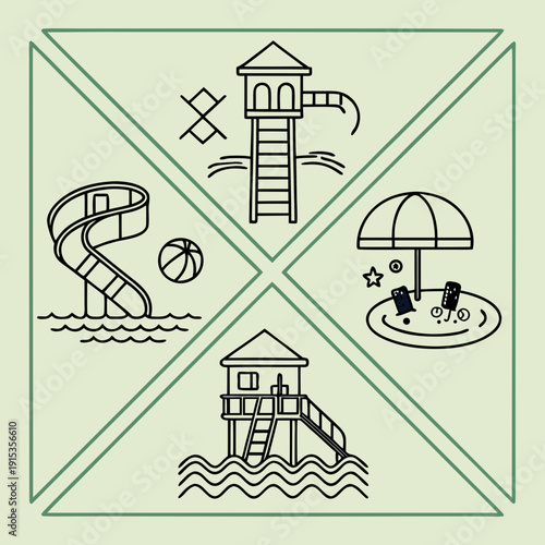 Line of water park on pale green background line water park lifeguard towers water slides