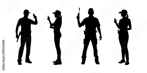 Male and female construction workers with tools black silhouette hats