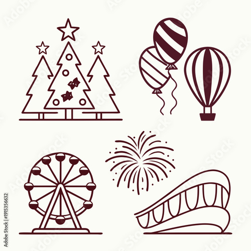 Maroon line of christmas trees ferris wheel balloons hot air balloon fireworks and roller coaster