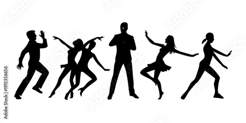 Male and female dancers in various poses silhouettes dancing