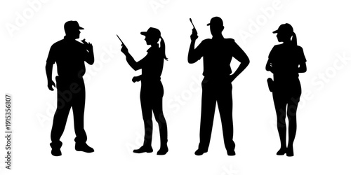 Minimalist black silhouette of male and female construction workers people