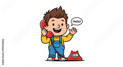 Cartoon boy cheerfully greets caller with a vintage red telephone while waving his hand
