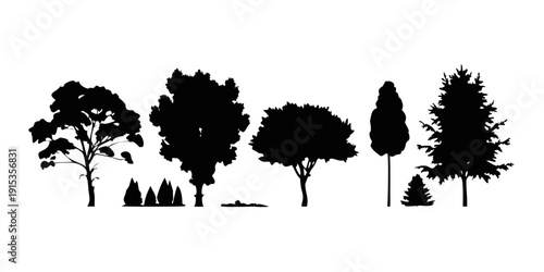 Minimalist black silhouette of various tree species tree silhouettes black trees