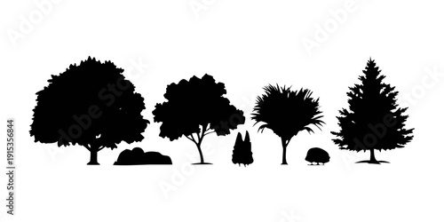 Minimalist black silhouette of various trees and rocks tree silhouettes black trees