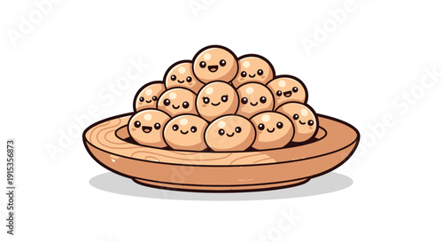Cartoon food illustration displaying a stack of balls with sweet faces on a wooden plate