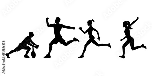 Minimalist black silhouettes of athletes in motion running jumping throwing