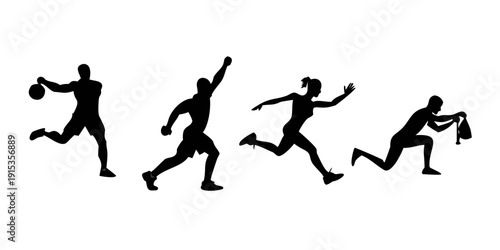 Minimalist black silhouettes of athletes in various sports actions running jumping