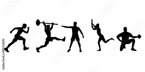 Minimalist black silhouettes of athletes in various sports actions running weightlifting