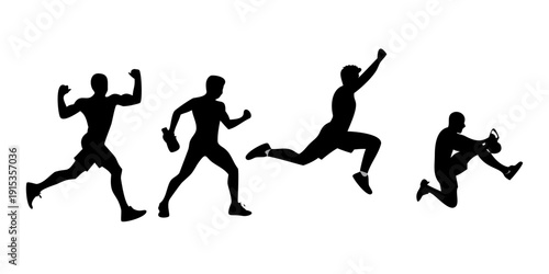 Minimalist black silhouettes of four male athletes in running and jumping poses