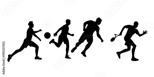 Minimalist black silhouettes of male athletes playing sports soccer tennis