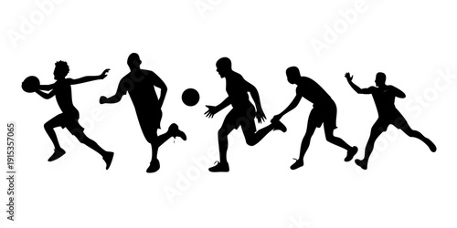 Minimalist black silhouettes of men playing soccer and basketball athletes sports