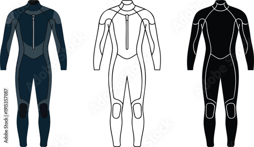 Men's wetsuit silhouette & Outline and illustration set isolated on transparent background