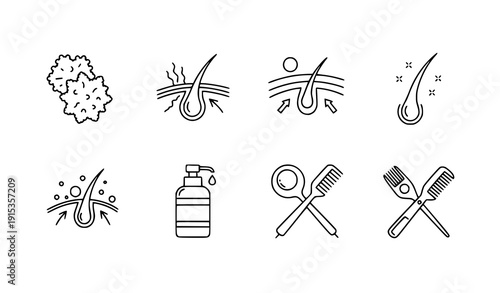 Hair problems and growth outline icon set dandruff alopecia vector