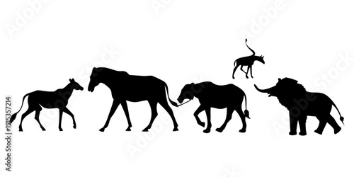 Minimalist black silhouettes of wild african animals walking
