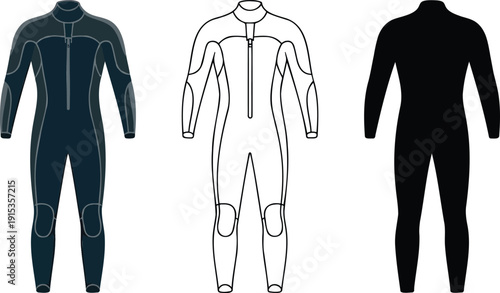 Men's wetsuit silhouette & Outline and illustration set isolated on transparent background