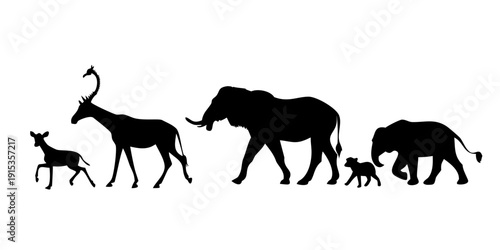 Minimalist black silhouettes of wild african animals walking wild animals white background