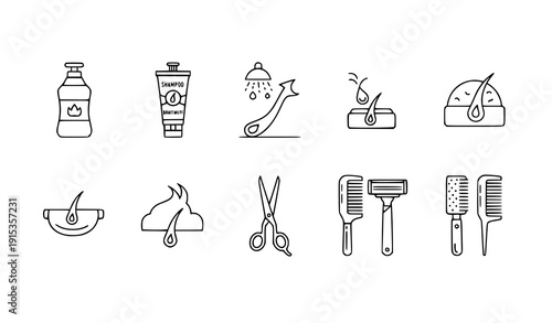 Hair care and barbershop flat linear icons alopecia growth vector set