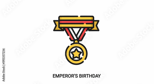 Illustration of a gold medal with a star and ribbons, celebrating Emperor's Birthday with a royal Japanese theme graphic and imperial crest chrysanthemum icon on a white background.