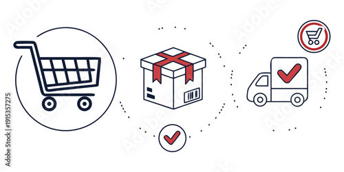 Online shopping cart package delivery process delivery truck checkmark white background