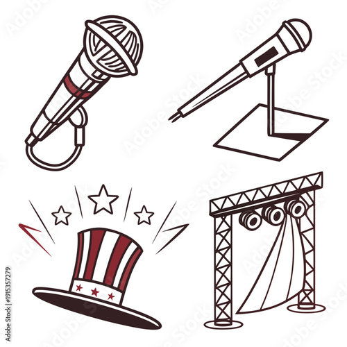 Of microphones stage lights hat and stars line red and white