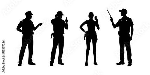 Police officers and woman in various poses with transparent background black silhouette