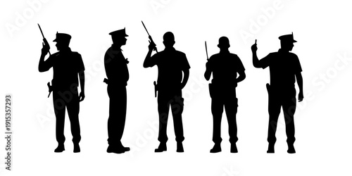 Police officers in various poses with and hand gestures silhouettes black white background