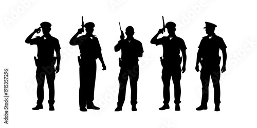 Police officers in various poses silhouettes black white background