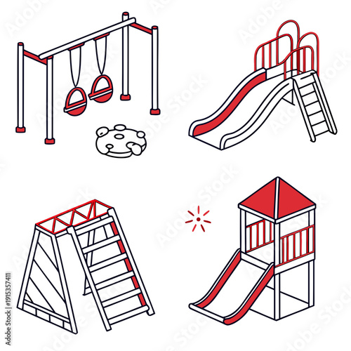 Red and white playground equipment swings