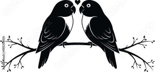 WebBlack and white silhouette of two lovebirds perched on a tree branch with a heart, romantic avian vector illustration