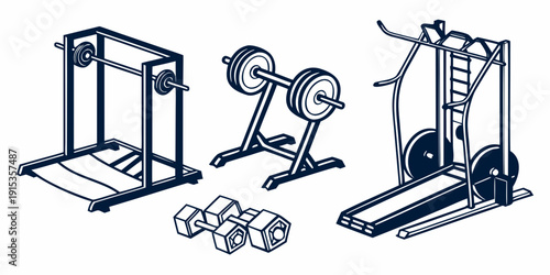 Silhouetted fitness equipment on white background