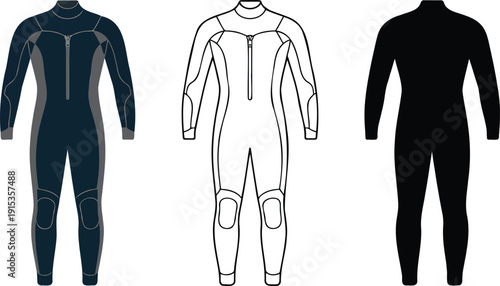 Men's wetsuit silhouette & Outline and illustration set isolated on transparent background