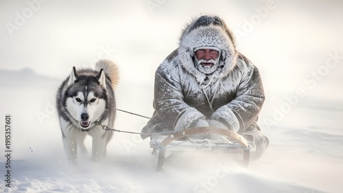 Man in winter parka pulled by husky dog on snowy terrain via RJ Whisk Auto