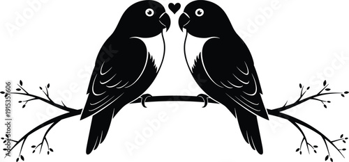 WebBlack and white vector illustration of two lovebirds perched on a tree branch with a heart, stylized romantic avian silhouette isolated on white background.