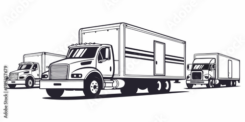 White background delivery truck fleet silhouette black and white