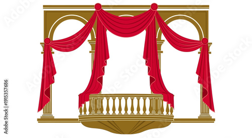 Illustration of a luxurious imperial Japanese gate with red curtains and gold accents, symbolizing a royal celebration or Emperor's Birthday ceremony in a traditional Asian setting.