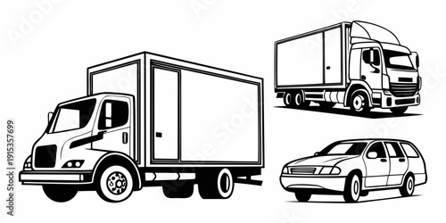 White background delivery truck fleet silhouette with car
