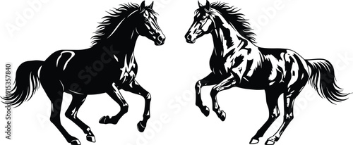 WebPair of majestic black horses galloping and jumping in hand drawn engraving style vector illustration isolated on white background for equine nature sports decor