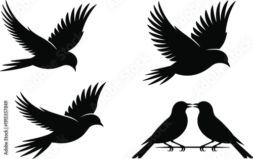 WebSet of black bird silhouettes with three birds flying with spreading wings and two birds perched on a branch facing each other for nature design.