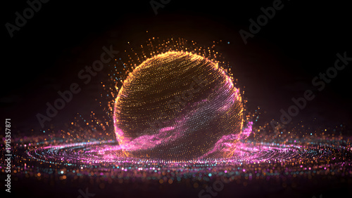 Glowing purple and orange sphere with vibrant sparks and particles on a dark background with a cinematic lighting effect.
