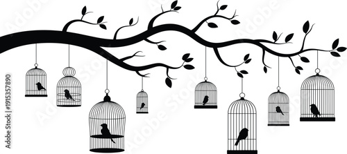 WebSet of eight black bird cage silhouettes hanging from a long leafy tree branch with different songbird species isolated on white background for nature design.