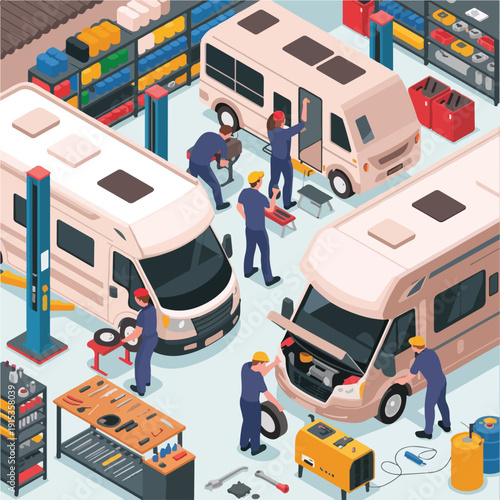 Isometric RV Repair Workshop – Detailed Vector Illustration