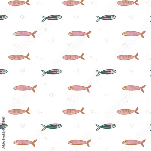 Mediterranean summer seamless pattern. Dolce vita print. Cute colorful design. Coastal sardines on a white background. Vector background textile design