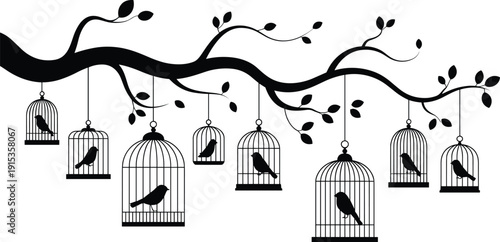 WebSet, of, ten, black, bird, cage, silhouettes, hanging, from, a, leafy, tree, branch, isolated, on, white, nature, wildlife, vector, illustration.