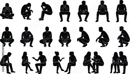 People Silhouettes Collection in Sitting Squatting and Conversation Poses Vector Illustration Isolated on Light Background